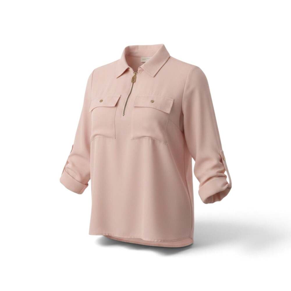 Michael Kors Women's Dusty Coral Pink Half-Zip Roll-Tab Sleeve Blouse